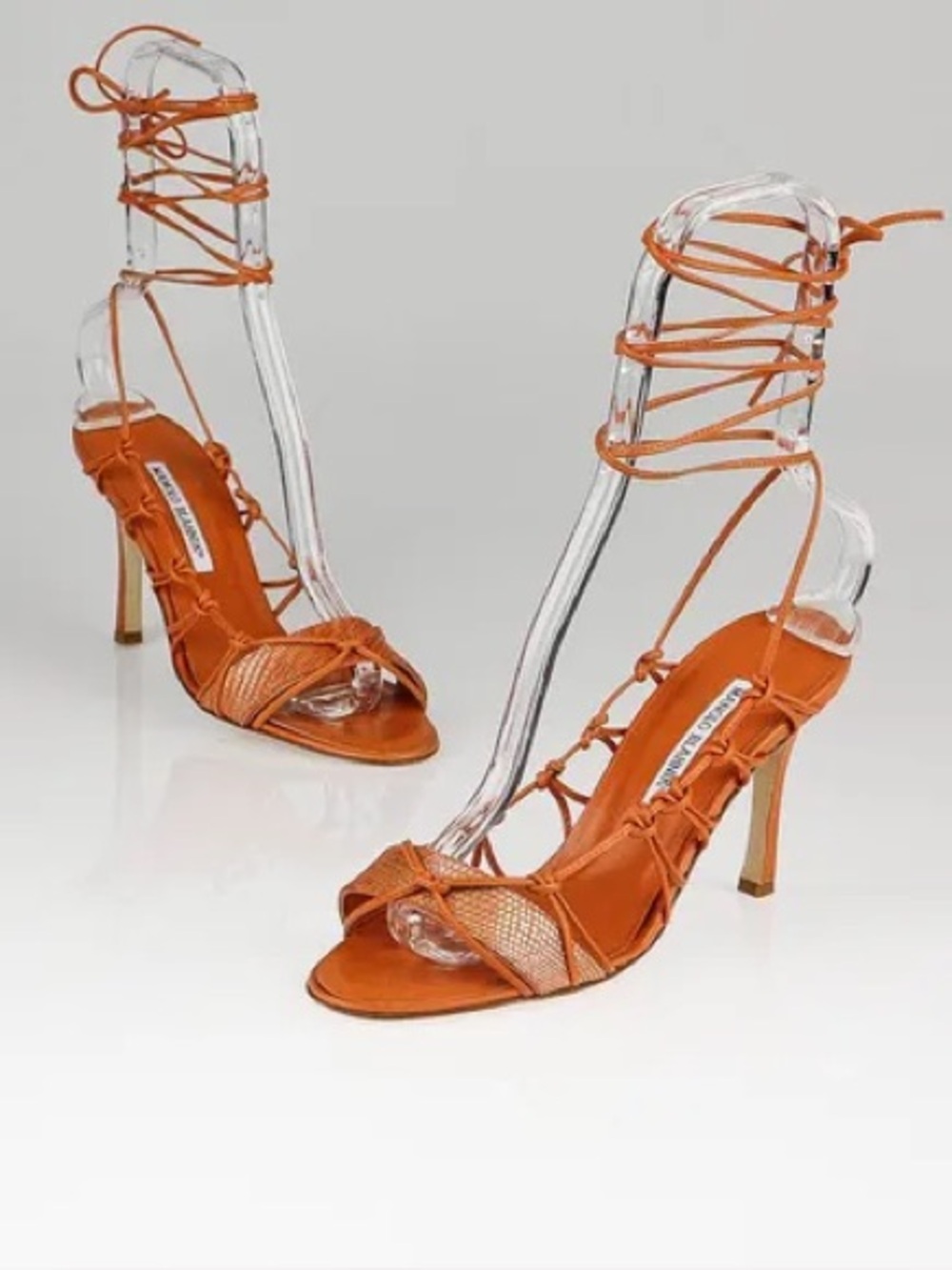 Vintage Manolo Blahnik Strappy Knotted String Wrap Tie Open Toe Heels Orange Tan - Picture 8 of 8